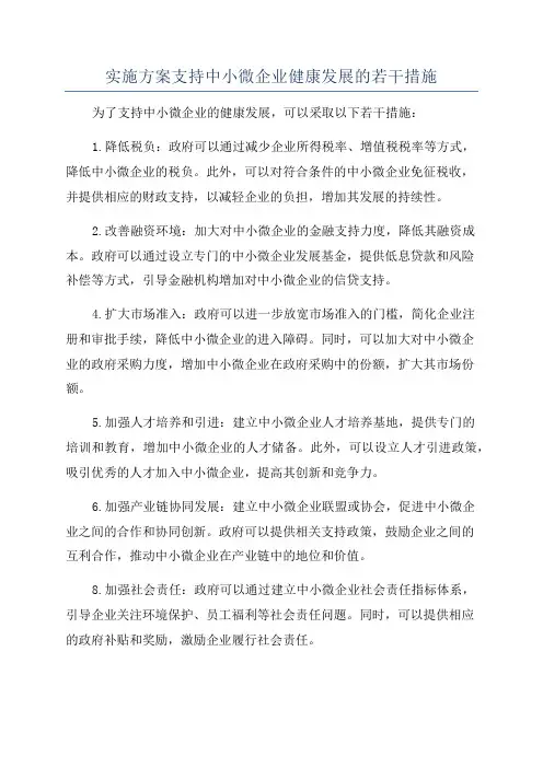 实施方案支持中小微企业健康发展的若干措施