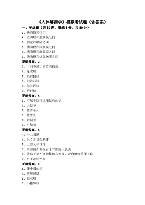 《人体解剖学》模拟考试题(含答案)