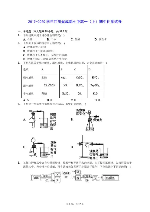 2019-2020学年四川省成都七中高一(上)期中化学试卷 (含答案解析)