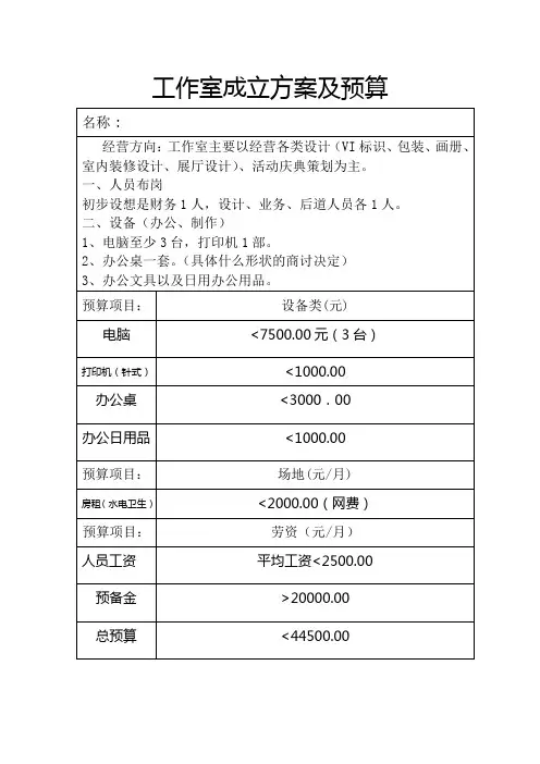 工作室成立方案及预算