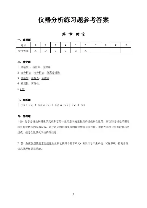 仪器分析练习题参考答案