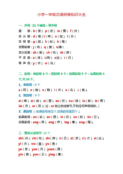 小学一年级语文汉语拼音知识大全及练习