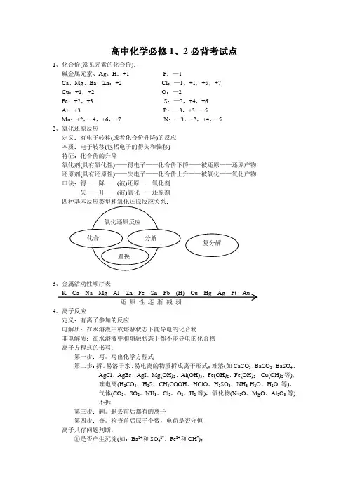 高中化学必修1、2必备考试知识点