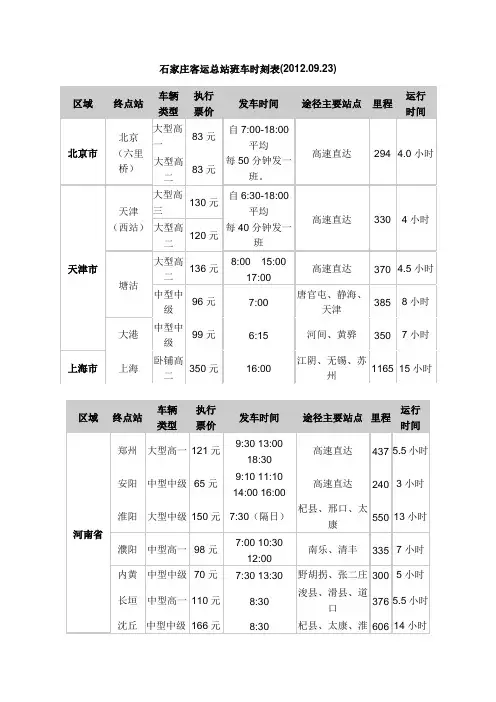 石家庄客运总站班车时刻表
