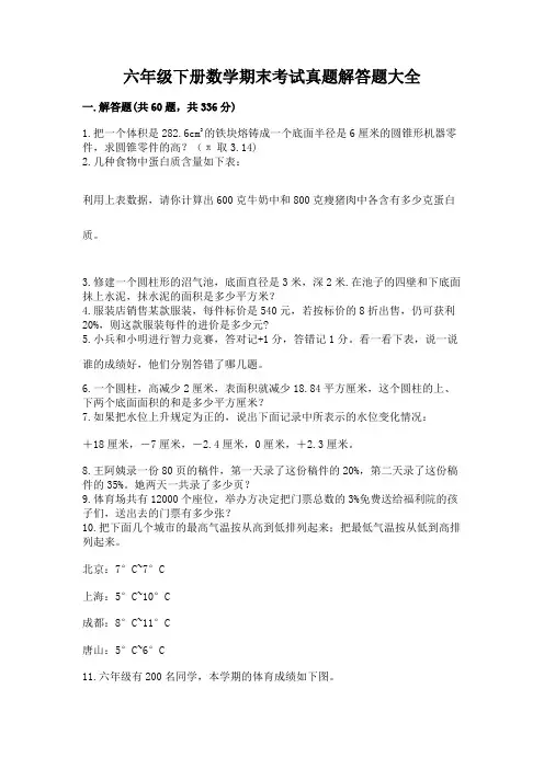 六年级下册数学期末考试真题解答题大全附参考答案(综合题)