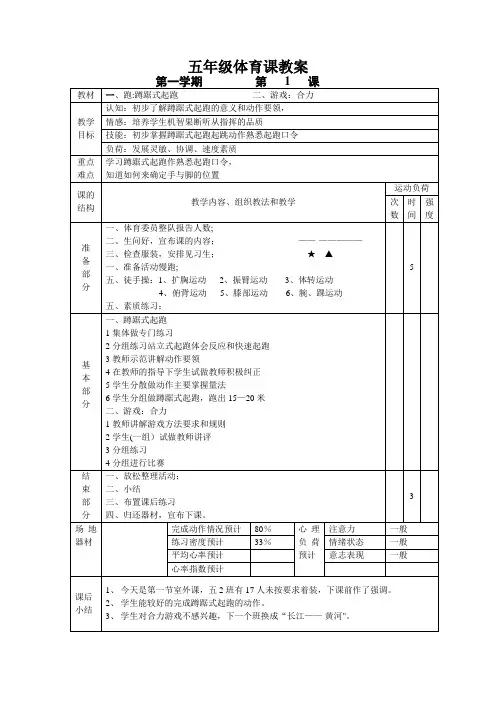 小学五年级体育课教案全集