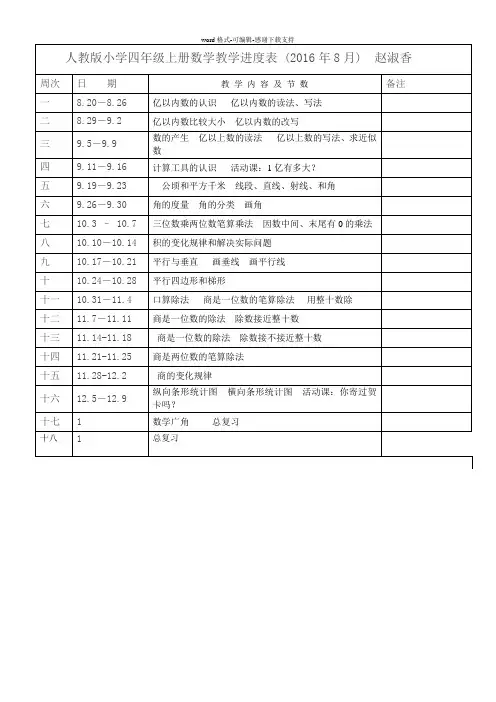 人教版小学四年级上册数学教学进度表