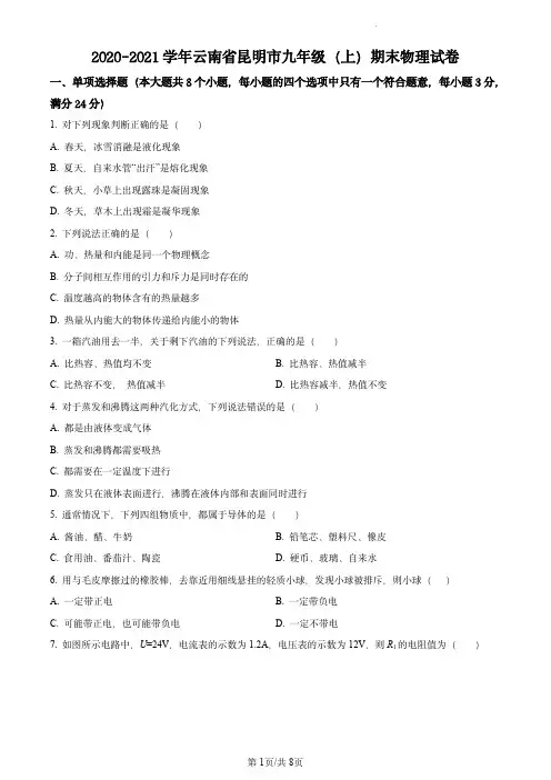 精品解析：云南省昆明市2020-2021学年九年级上学期期末考试物理试题(原卷版)