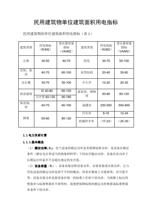 民用建筑物单位建筑面积用电指标