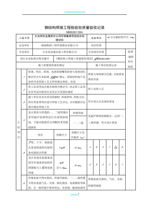 钢结构工程检验批质量验收记录表全套