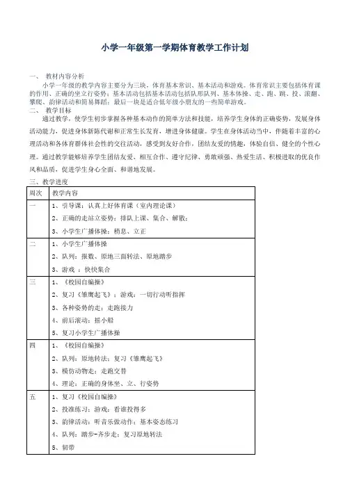 小学一至六年级第一学期体育教学工作计划