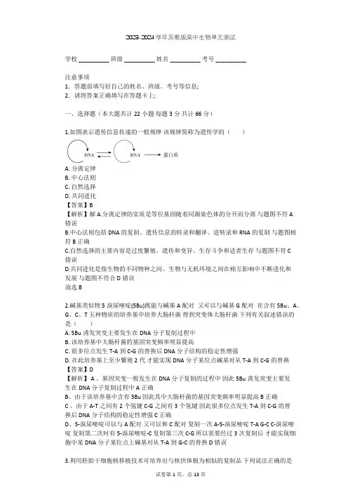 2023-2024学年高中生物苏教版必修2第4章 遗传的分子基础单元测试(含答案解析)