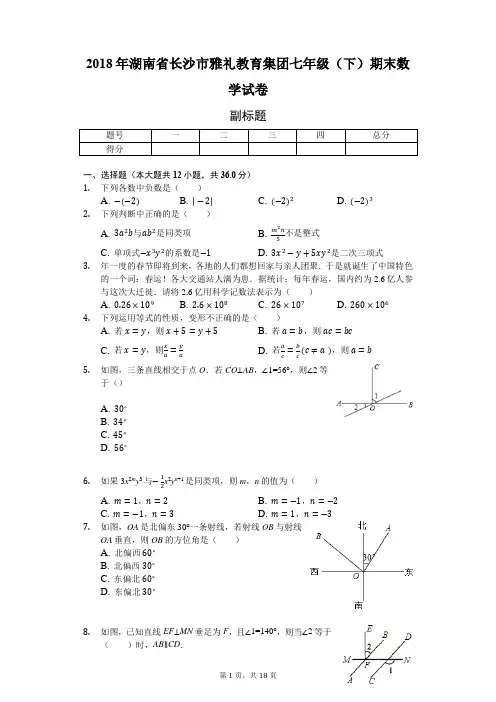2018年长沙市雅礼教育集团七年级(下)期末数学试卷