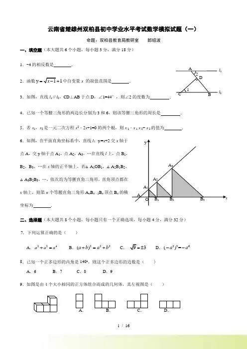楚雄州双柏县初中学业水平考试数学模拟试卷(一)含解析