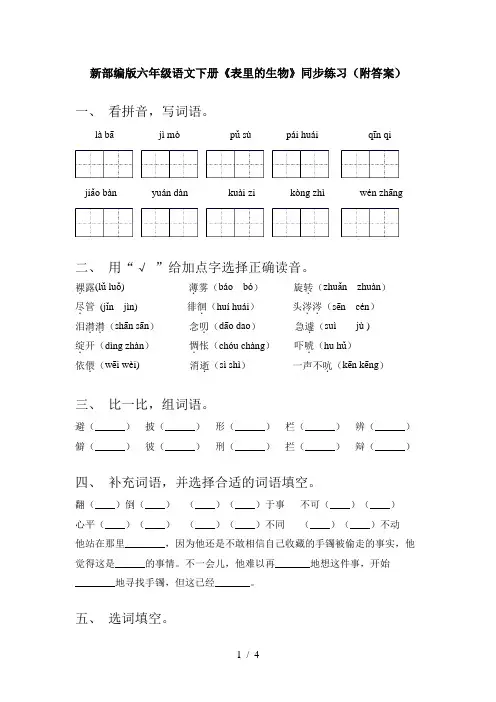 新部编版六年级语文下册《表里的生物》同步练习(附答案)