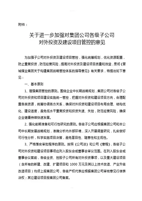 关于进一步加强对集团公司各级子公司对外投资及项目管控的意见(1)