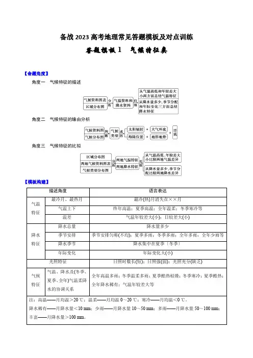 答题模板01气候特征类-备战2023高考地理常见答题模板及对点训练