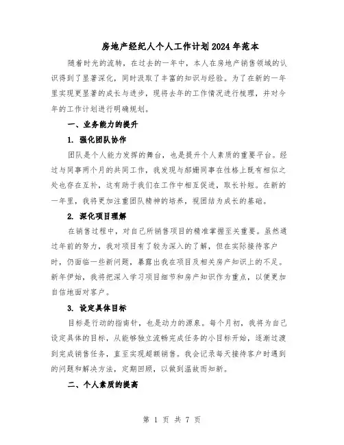 房地产经纪人个人工作计划2024年范本（4篇）