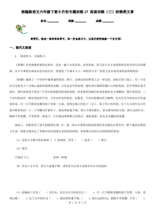 部编版语文六年级下册小升初专题训练17 阅读训练(三)状物类文章