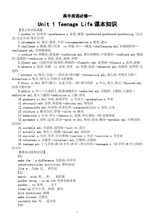 高中英语人教版必修一Unit 1 Teenage Life课本知识分类整理