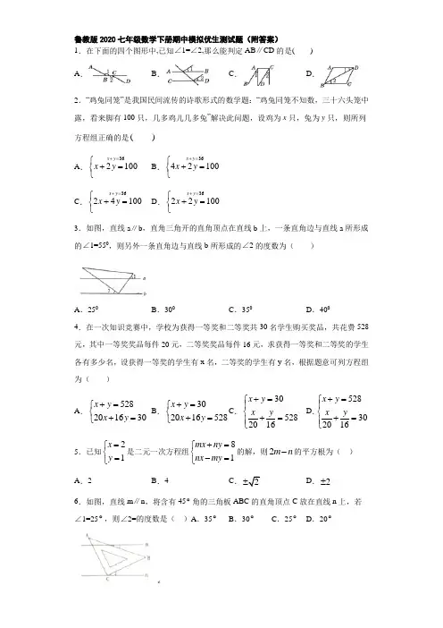 鲁教版2020七年级数学下册期中模拟优生测试题(附答案)