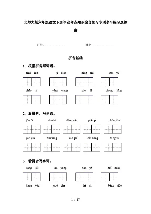 北师大版六年级语文下册毕业考点知识综合复习专项水平练习及答案