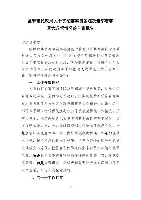 贯彻落实国务院决策部署和重大政策情况自查报告