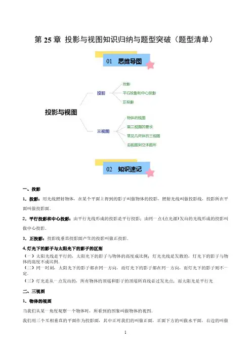 沪科版九年级数学上册期末复习考点  第25章 投影与视图知识归纳与题型突破(5类题型清单)