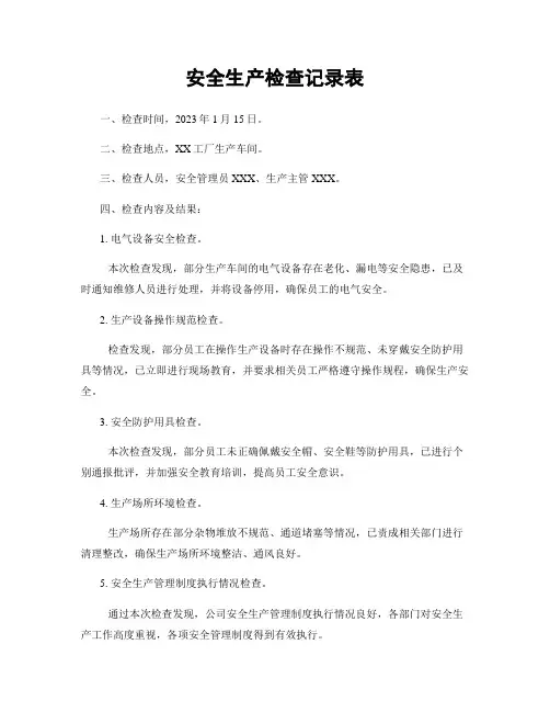 安全生产检查记录表