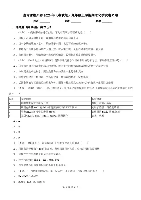湖南省郴州市2020年(春秋版)九年级上学期期末化学试卷C卷
