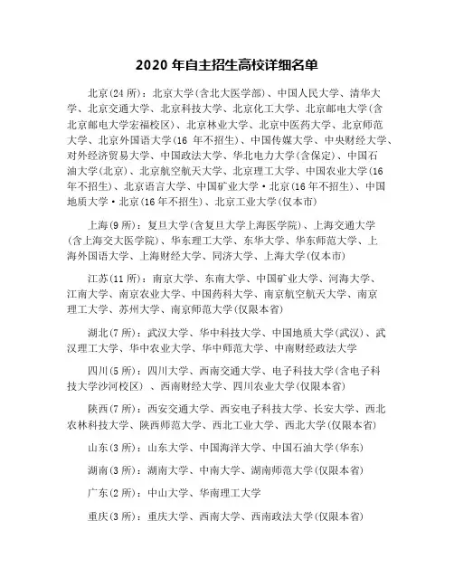 2020年自主招生高校详细名单