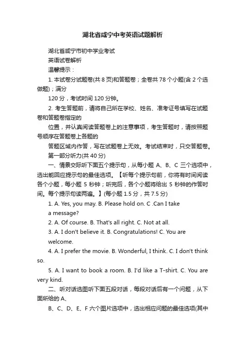 湖北省咸宁中考英语试题解析