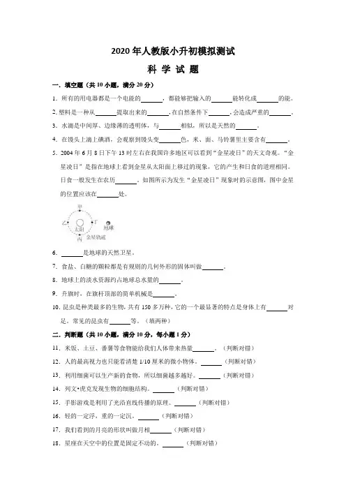 人教版科学小升初押题卷含答案