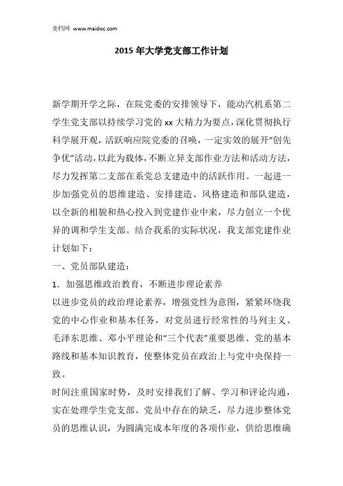 2015年大学党支部工作计划