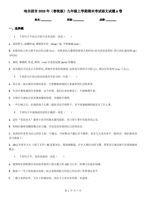哈尔滨市2020年(春秋版)九年级上学期期末考试语文试题A卷