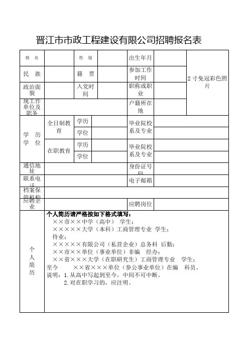 晋江市市政工程建设有限公司招聘报名表