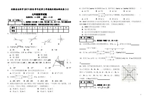 安徽省合巢湖市2017-2018学年七年级下期末模拟试卷(二)附答案-(数学)