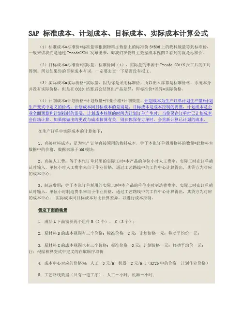 SAP标准成本计划成本目标成本实际成本计算公式