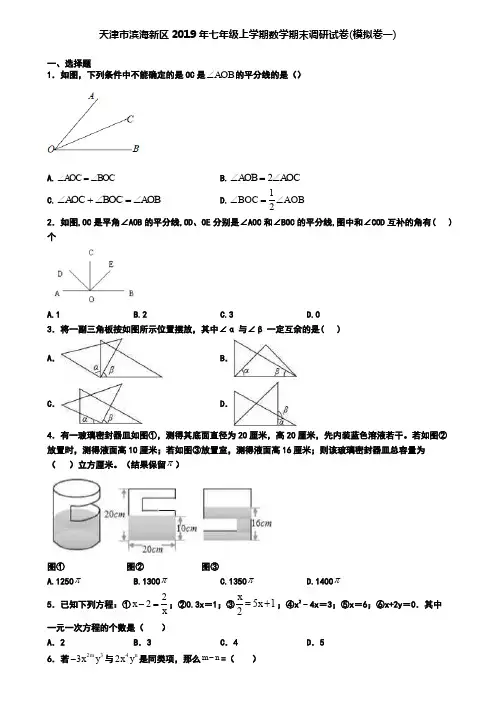 天津市滨海新区2019年七年级上学期数学期末调研试卷(模拟卷一)