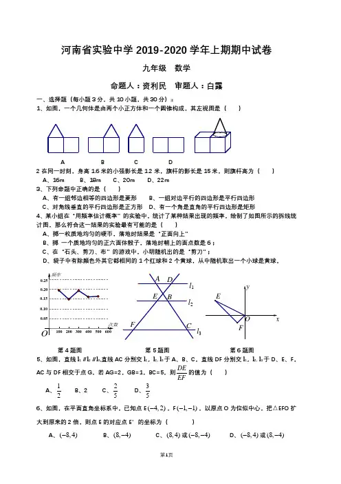 河南省实验中学2019-2020学年九年级数学上期期中试卷