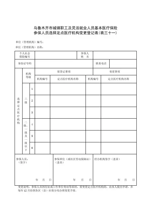 乌鲁木齐市城镇职工及灵活就业人员基本医疗保险参保人员选择定点医疗机构变更登记表(表三十一)