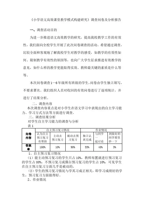 农村小学生语文课堂学习情况调查问卷分析报告
