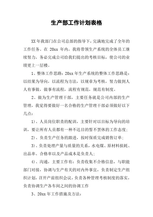 生产部工作计划表格