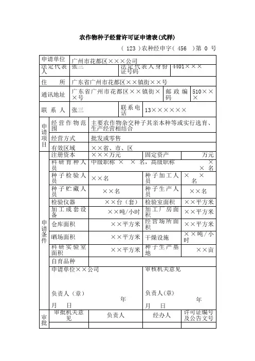 农作物种子经营许可证申请表(式样)