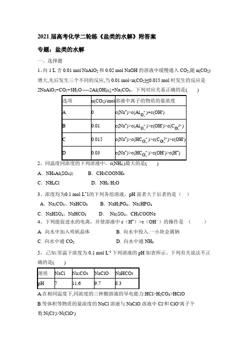 2021届高考化学二轮练《盐类的水解》附答案