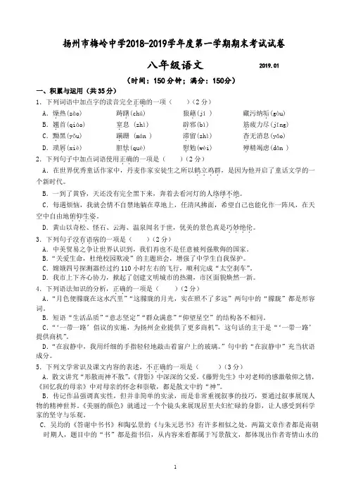 扬州市梅岭中学2018-2019学年度第一学期期末考试试卷八年级语文(含答案)