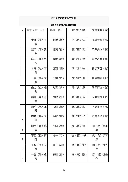 100个常见易错易混字词
