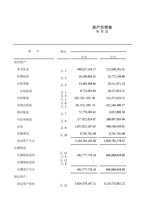 资产负债表 七 表格 XLS格式 
