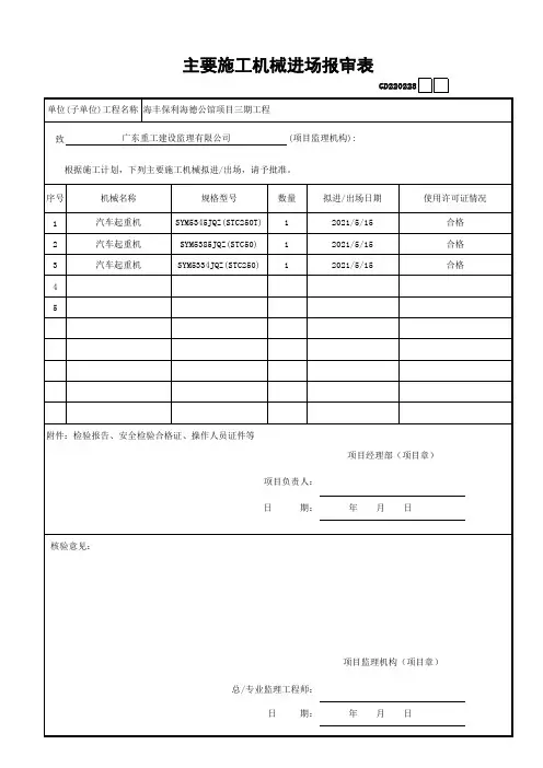 主要施工机械进退场报审表汽车吊