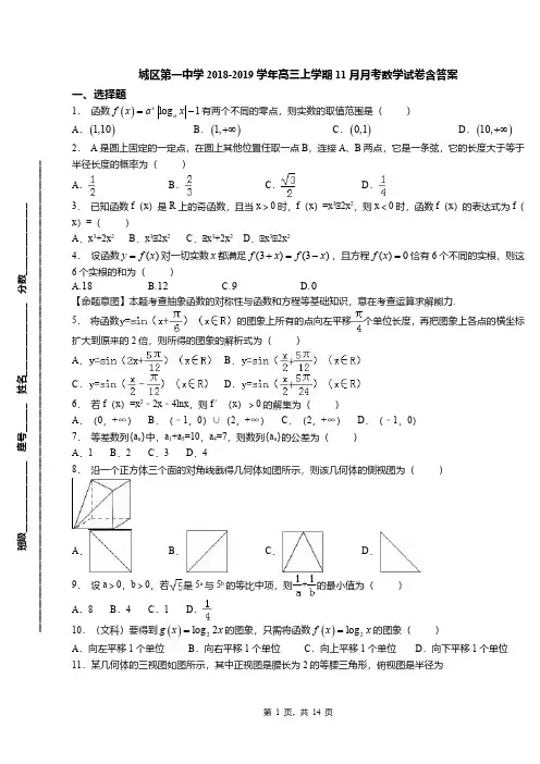 城区第一中学2018-2019学年高三上学期11月月考数学试卷含答案